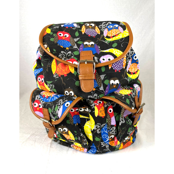 Canvas Owl Backpack Magnetic Snap Closures Padded Adjustable Shoulder Straps - Picture 1 of 9